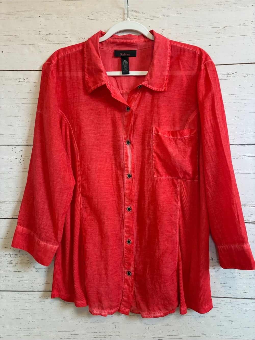 Style & Co. Coral 3/4 Sleeve  Button-Front Shirt w/Distressing, sz XL, NWOT